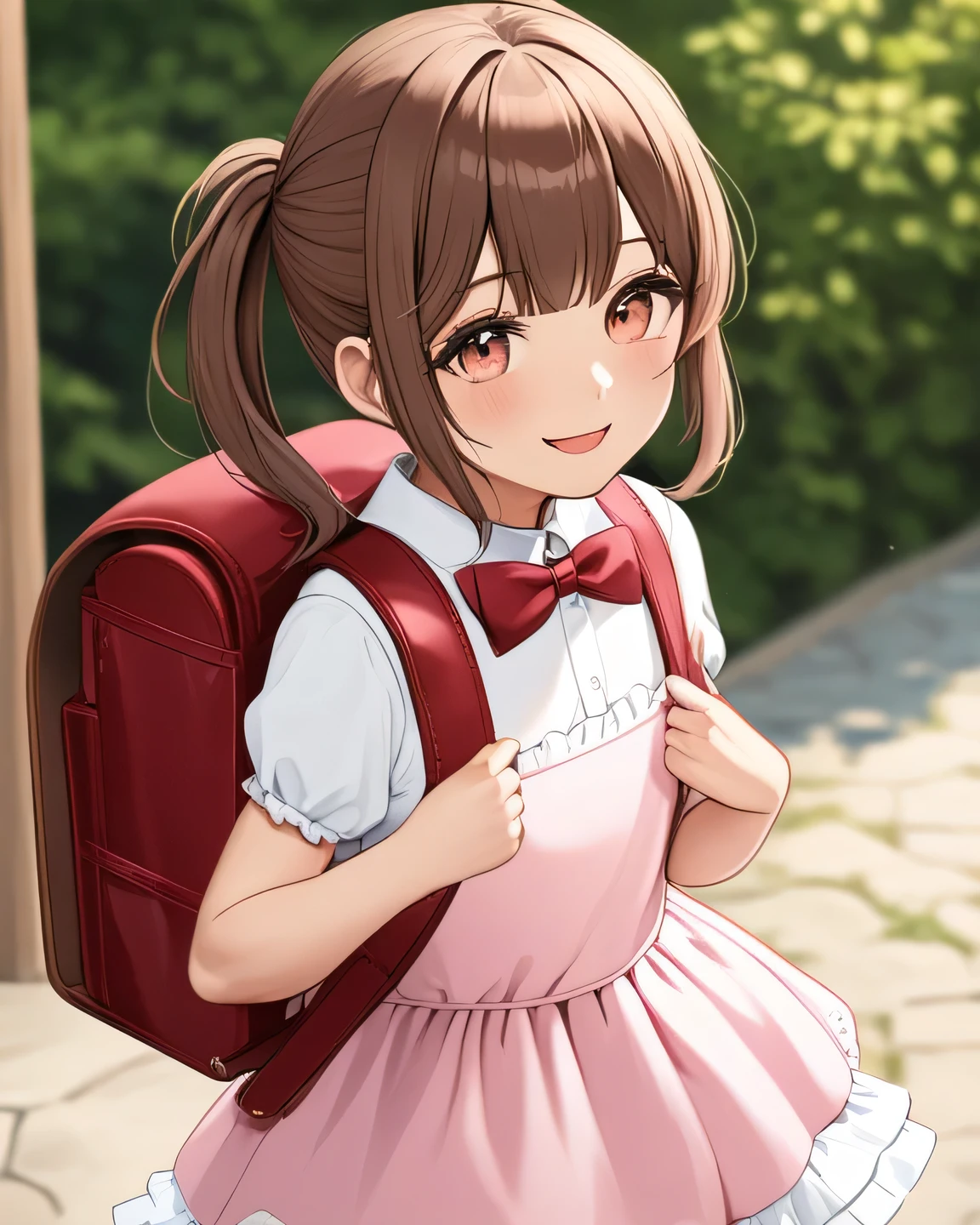 Masterpiece, hd, 1girl, brown hair, ponytail, hair ribbon, wearing cute dress, frilled dress, party dress, bowtie, standing, outdoor, smile, wearing randoseru backpack,(backpack:1.2)