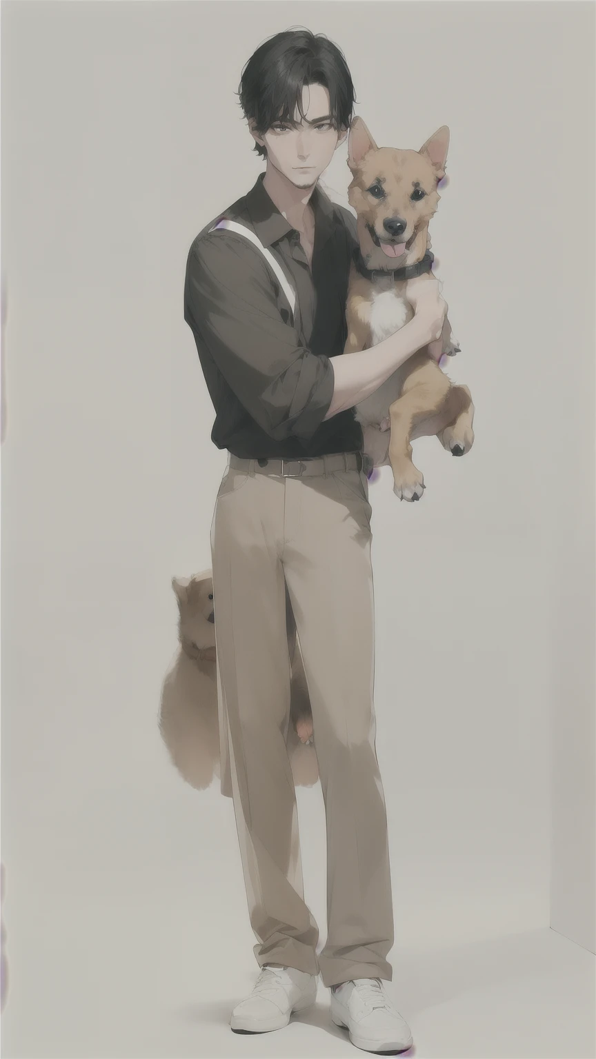 (masterpiece), (best quality), Very detaileded, ((A man holding a dog:1.5)), Perfect face, Pretty Face, Very detailed, (Black-haired man),shirt, face,Model man holding a dog, Full body portrait, Full body pictures, Korean comics, Movie Poster Characters,Loose,handsome guy,One meter eight,Black hair,Holding a Labrador puppy in his arms