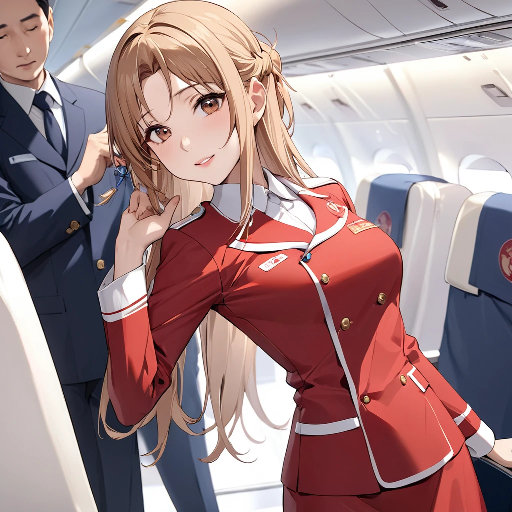 ((Highest quality)), ((masterpiece)), (detailed), （Perfect Face）、The woman is a Chinese flight attendant for Air China, named Yuuki Asuna, with light brown, medium-long hair.、The woman is wearing the red uniform of an Air China flight attendant.、The woman is an honorable flight attendant exclusively for members of the Chinese Communist Party.