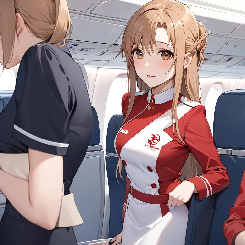 ((Highest quality)), ((masterpiece)), (detailed), （Perfect Face）、The woman is a Chinese flight attendant for Air China, named Yuuki Asuna, with light brown, medium-long hair.、The woman is wearing the red uniform of an Air China flight attendant.、The woman is an honorable flight attendant exclusively for members of the Chinese Communist Party.