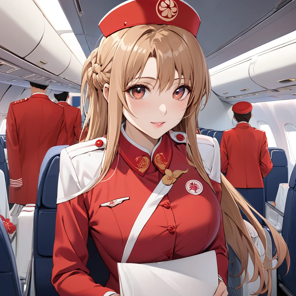 ((Highest quality)), ((masterpiece)), (detailed), (Perfect Face)、The woman is a Chinese flight attendant for Air China, named Yuuki Asuna, with light brown, medium-long hair.、The woman is wearing the red uniform of an Air China flight attendant.、The woman is an honorable flight attendant exclusively for members of the Chinese Communist Party.