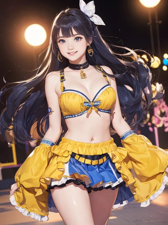 (Highest quality、 8k 、masterpiece、High resolution)、Full Body Shot、15 year old girl、Idol、Cute smile、Pretty lips、Adorable eyes、Dancing with a smile、Outdoor Stage、AKB48 Costumes、Realistic、Vibrant colors、Official Art、Detailed CG、Professional Lighting、Professional photographer、