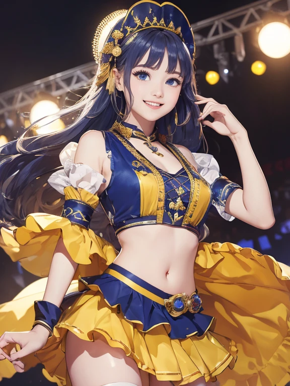 (Highest quality、 8k 、masterpiece、High resolution)、Full Body Shot、 girl、Idol、Cute smile、Pretty lips、Adorable eyes、Dancing with a smile、Outdoor Stage、AKB48 Costumes、Realistic、Vibrant colors、Official Art、Detailed CG、Professional Lighting、Professional photographer、