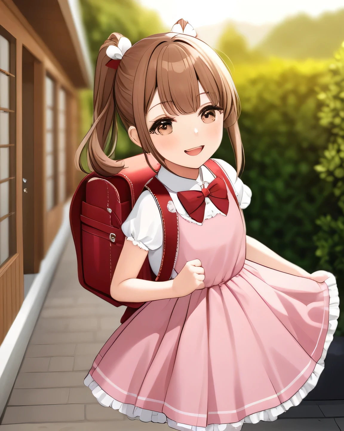 Masterpiece, hd, 1girl, brown hair, ponytail, hair ribbon, wearing cute dress, frilled dress, party dress, bowtie, standing, outdoor, smile, wearing randoseru backpack,(backpack:1.2)