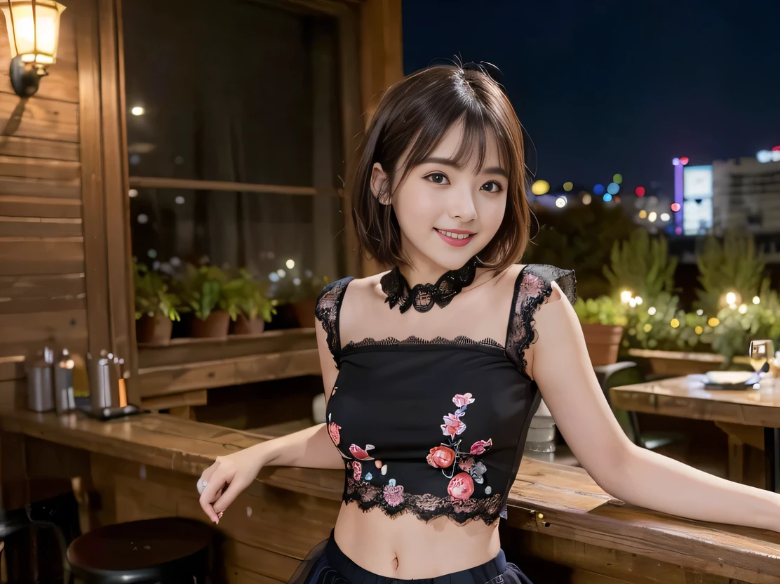 (Highest quality, masterpiece, Ultra-high resolution, 8k, RAW Photos, Realistic, Anatomically correct:1.5), 20-year-old girl:1.2, Embarrassing, avert your eyes, blush:1.0, View Viewer, ((bar)) 、Large windows、Night view、 Light:1.2, Bokeh, Cinema Lighting:1.0, Depth of written boundary, sharp、 Cute Face、Idol、(Black short sleeve lace top)、(Black tulle skirt)、Shiny clothes、”dwarf”、(Floral clothes)、(Full Body Shot)、Side angle、Cowboy Shot、( smile)、((Ultra short hair、Berry Short))、(Straight bangs)、((See-through))、(( One Girl))、Waist、I can see your thighs、