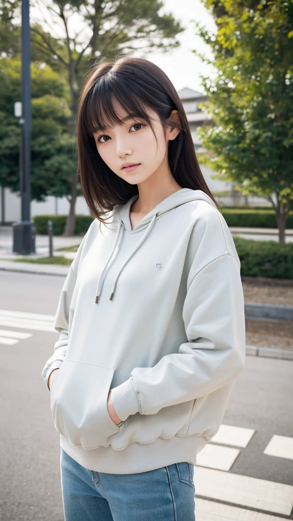 japanese female model, wearing sweatshirt jacket, wearing casual clothes, very casual, fashion model, outdoors, bright space, natural pose, modern photography, simple and elegant style, delicate skin, ultra-detailed surreal skin, advertising Photography, ultra-detail, ultra-high definition, minimalist outfit, 4k