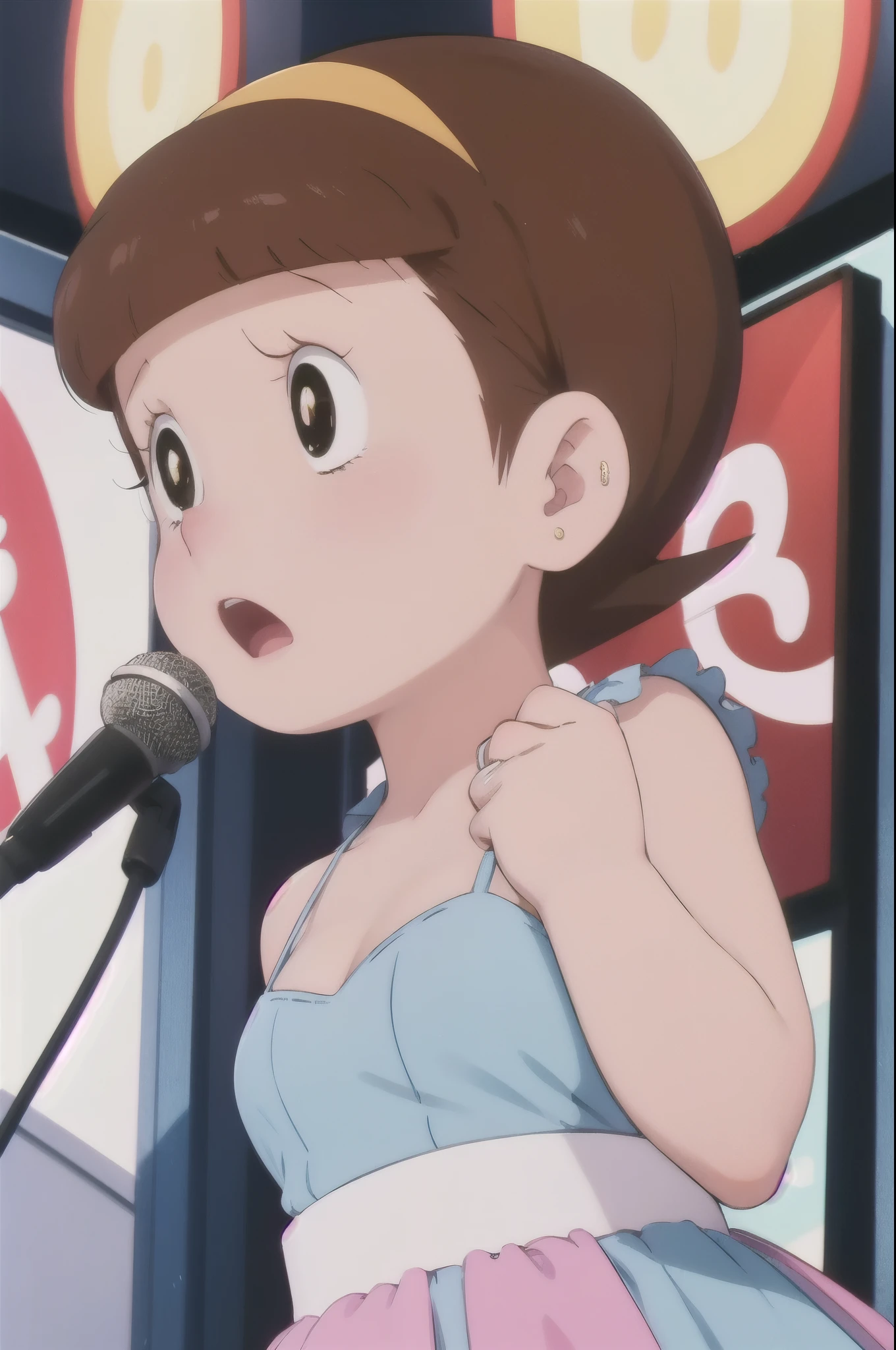 a beautiful idol girl Sumire-Hoshino singing on stage, 1980s retro art style, 1990s style, detailed facial features, long eyelashes, detailed dress, cute expression, audience watching, best quality, 4k, 8k, highres, masterpiece, ultra-detailed, realistic, photorealistic, vivid colors, studio lighting, sharp focus, physically-based rendering, Full body image, Singing without a microphone, 5 heads, I'd like to make my breasts a little bigger, Pleasant face