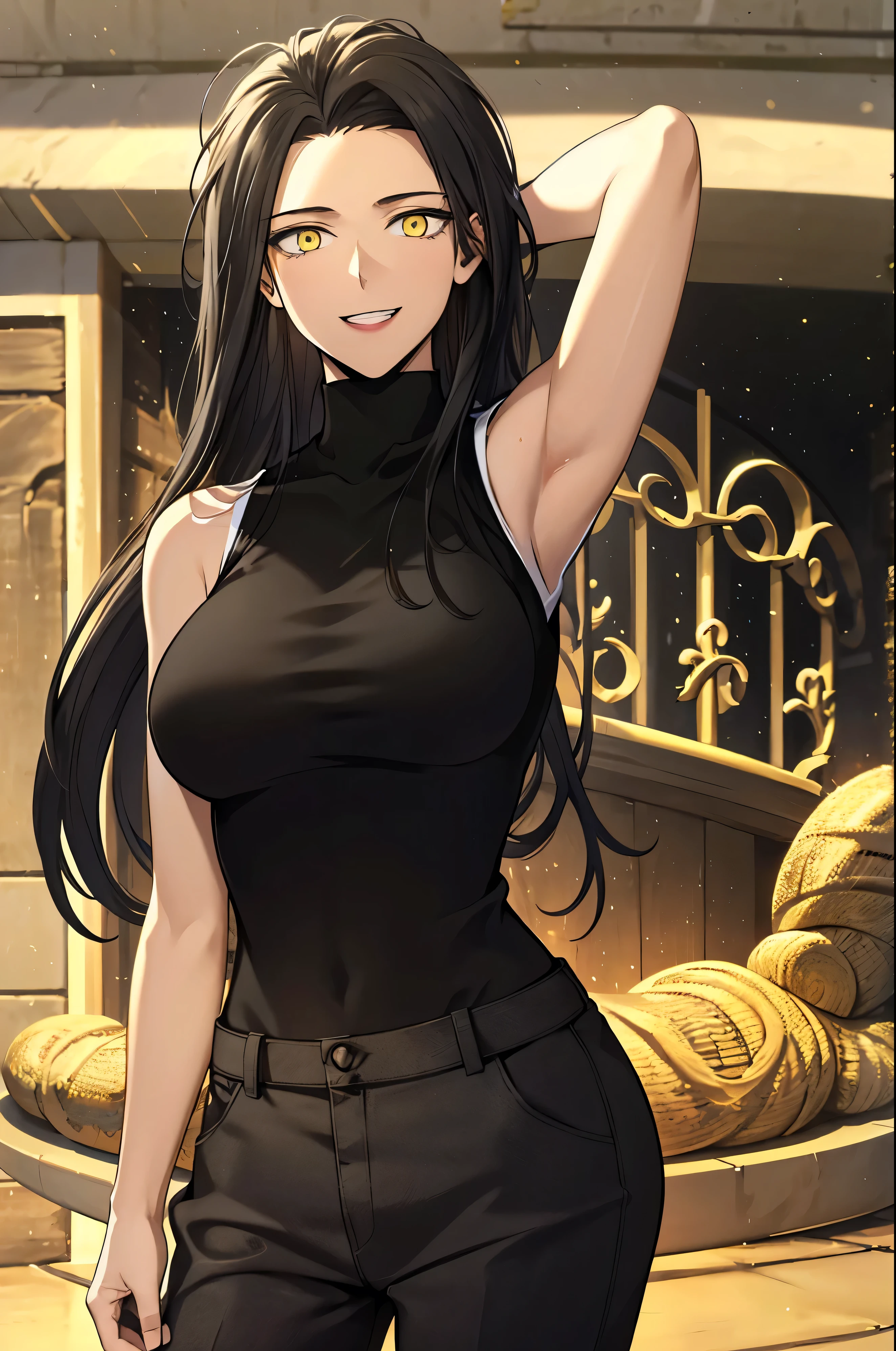 black hair,masterpiece,best quality,highres,ultra-detailed,aashizue,yellow eyes,long hair,(sweater:1.2),(turtleneck:1.2),street,smile,standing,(sleeveless:1.4),arm_behind_head,arms_up,cowboy shot,
