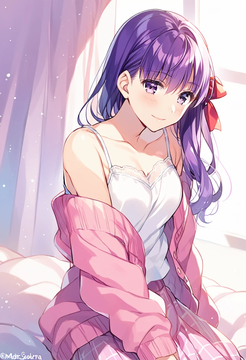 1girl(fate stay night, Matou Sakura, purple hair, side hair ribbon, white camisole, pink cardigan, light pink skirt, light smile)