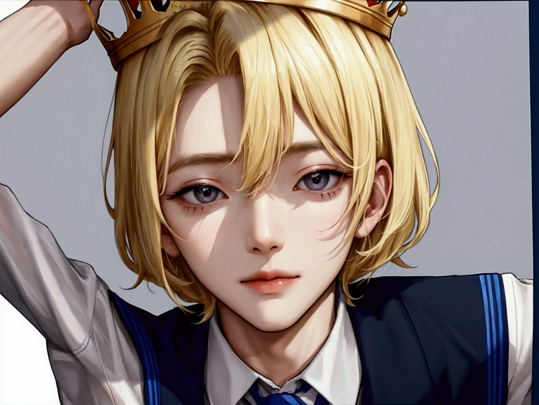 Blonde hair, white skin, Passport Photo, School uniform, Age 18, With crown, super detail, 8k, masterpiece, 1 boy, Korean, put your arms down, Correct posture, ID Photo