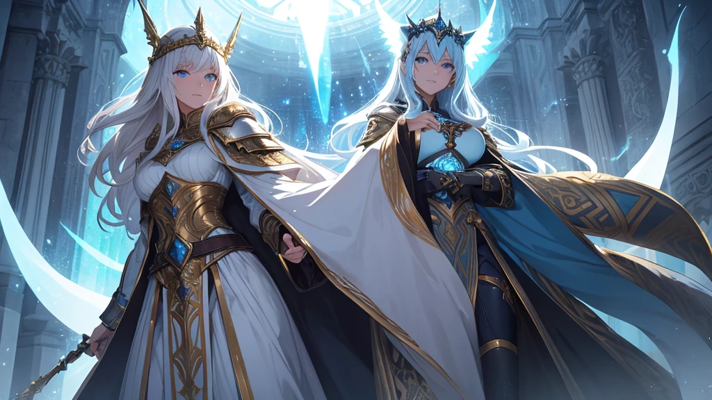 Draw Ingrid Falk (freya) in a regal and imposing pose. She stands tall with a doradas, ethereal aura shining brightly around you. Your elegant light armor: gold plates and white leather with light blue details, and his majestic blue velvet cloak adorned with Norse runes contribute to his noble and powerful appearance. Their long, doradas, wavy hair and intense blue eyes emphasize her divine and imposing presence, reflecting his mythical abilities and noble heritage.