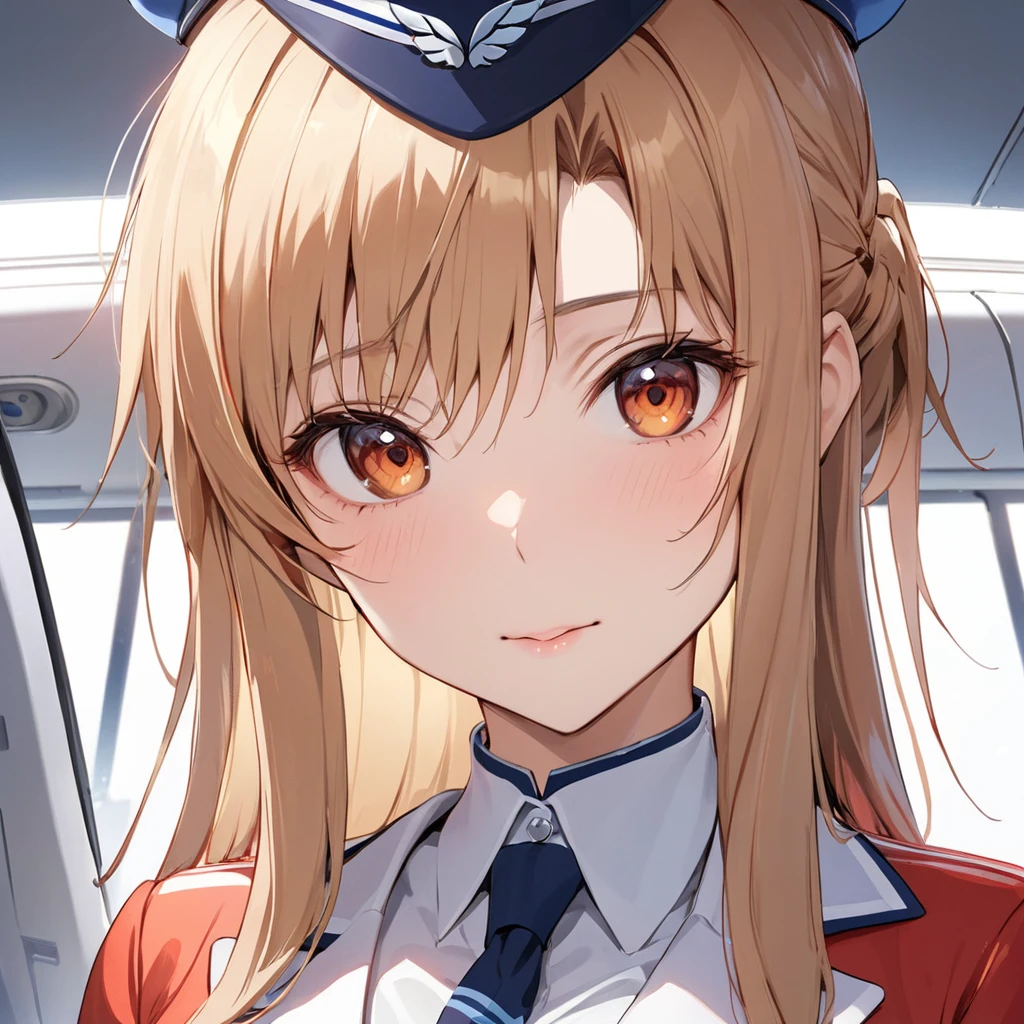 ((Highest quality)), ((masterpiece)), (detailed), (Perfect Face)、The woman is Yuuki Asuna, a flight attendant for Shandong Airlines, a Chinese woman with light brown, medium-long hair.、The woman is wearing a red Shandong Airlines flight attendant uniform, a uniform scarf and a uniform hat.、She is wearing the bright red uniform that is so typical of China.