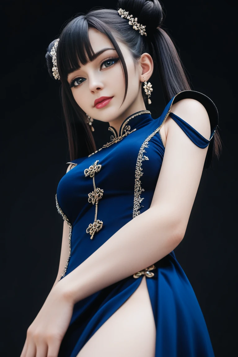 This is a realistic photo,full body shot,a chinese girl,biyao,1girl,solo,dress,twintails,black hair,upper body,hair ornament,long hair,Emerald,looking at viewer,jewelry,clothing cutout,blue dress,simple background,blue eyes,hair bun,earrings,shoulder cutout,double bun,(black background:1.2),(from_below:1.5),, best quality , masterpiece, illustration, an extremely delicate and beautiful, extremely detailed ,CG,unity,8k wallpaper, Amazing, finely detail, masterpiece, best quality,official art,extremely detailed CG unity 8k wallpaper,absurdres, incredibly absurdres, huge filesize , ultra-detailed, highres, extremely detailed,beautiful detailed girl, extremely detailed eyes and face, beautiful detailed eyes,light on face,