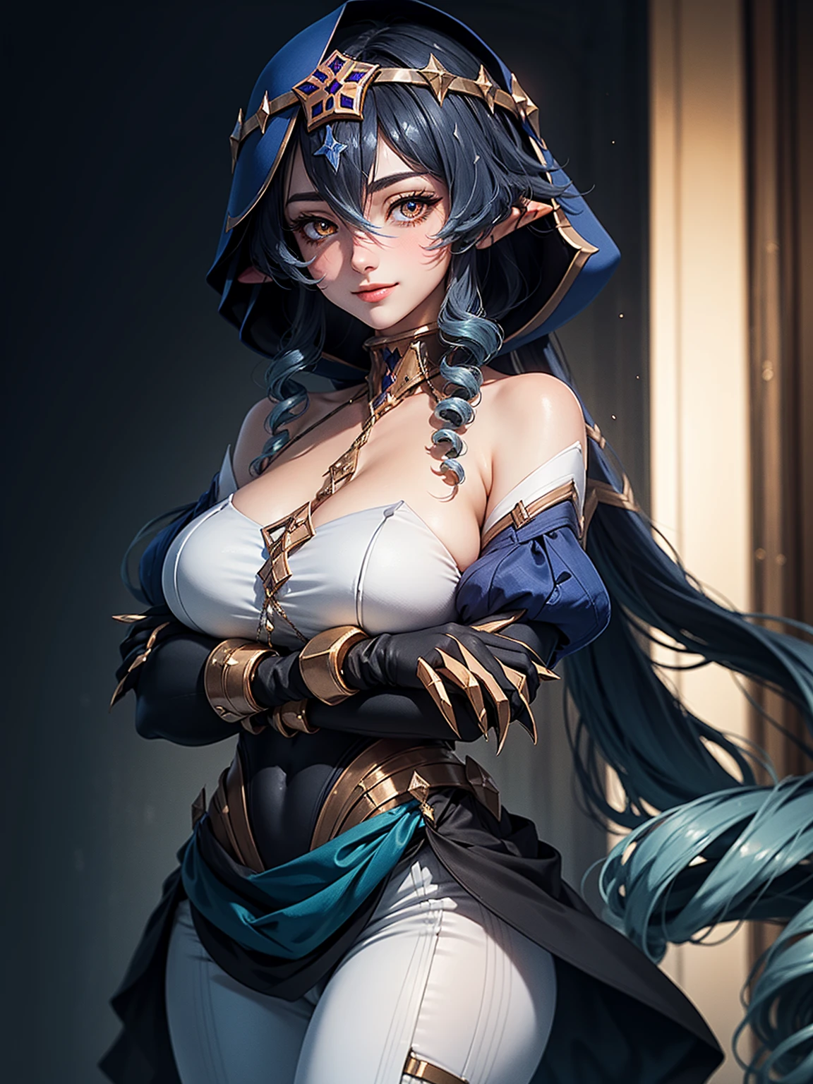 Masterpiece, ultra detail, high quality, 8k cg, huge breast, layladef, night, blush, smile, bright eyes, standing, (eyes shining:1.5), detailed upper body, crossed arms,