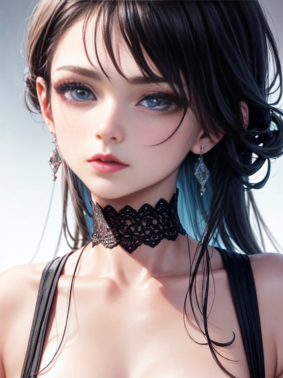 Depth of bounds written, detailed eye, ((CG illustration)), ((face focus)), ((masterpiece)), ((8K)), ((super detailed)), ((Super high quality)), ((cinematic)), ((Photoreal)), ((close up shot)), (solo), (cool girl), very long hair, straight hair, (((thin body))), Glossy skin, ((look away)), (Beautiful goth girl with high cheeks and legs), Gothic makeup, clear eyes, lipstick, dark eye shadow, ((No bra)), choker, earrings, provoke, night, ((full moon)), ((Functional)), Lonely, Visual kei, ((pastel colour)), Unwound clothes, forget, kiss, White Knight, dark, silence