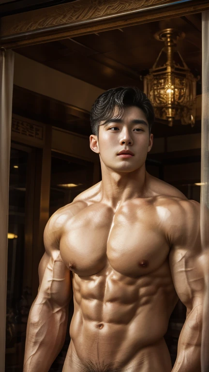disconsolate，Ambient，artistic conception，large scene，The wind blew up the white curtains，Dattain lamps，Diffuse light，chest muscle，Shirtless, stubbles, Sideburns, musculature, Strong handsome korean  guy，naked body builder, expose his big penis, handsome penis, handsome men god , Hanfu，Golden blue、Jing Qing Moqing、Plain cherry blue，Junyi，Dignified atmosphere，Temperament，Short hair, Flat-headed beautiful man，The light is gentle，The scene comes to life