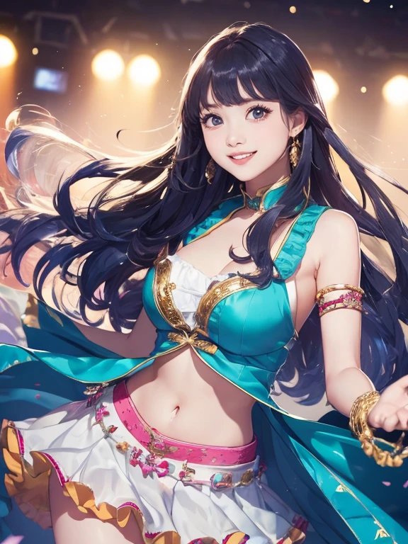 (Highest quality、 8k 、masterpiece、High resolution)、Full Body Shot、15 year old girl、Idol、Cute smile、Pretty lips、Adorable eyes、Dancing with a smile、Outdoor Stage、AKB48 Costumes、Realistic、Vibrant colors、Official Art、Detailed CG、Professional Lighting、Professional photographer、