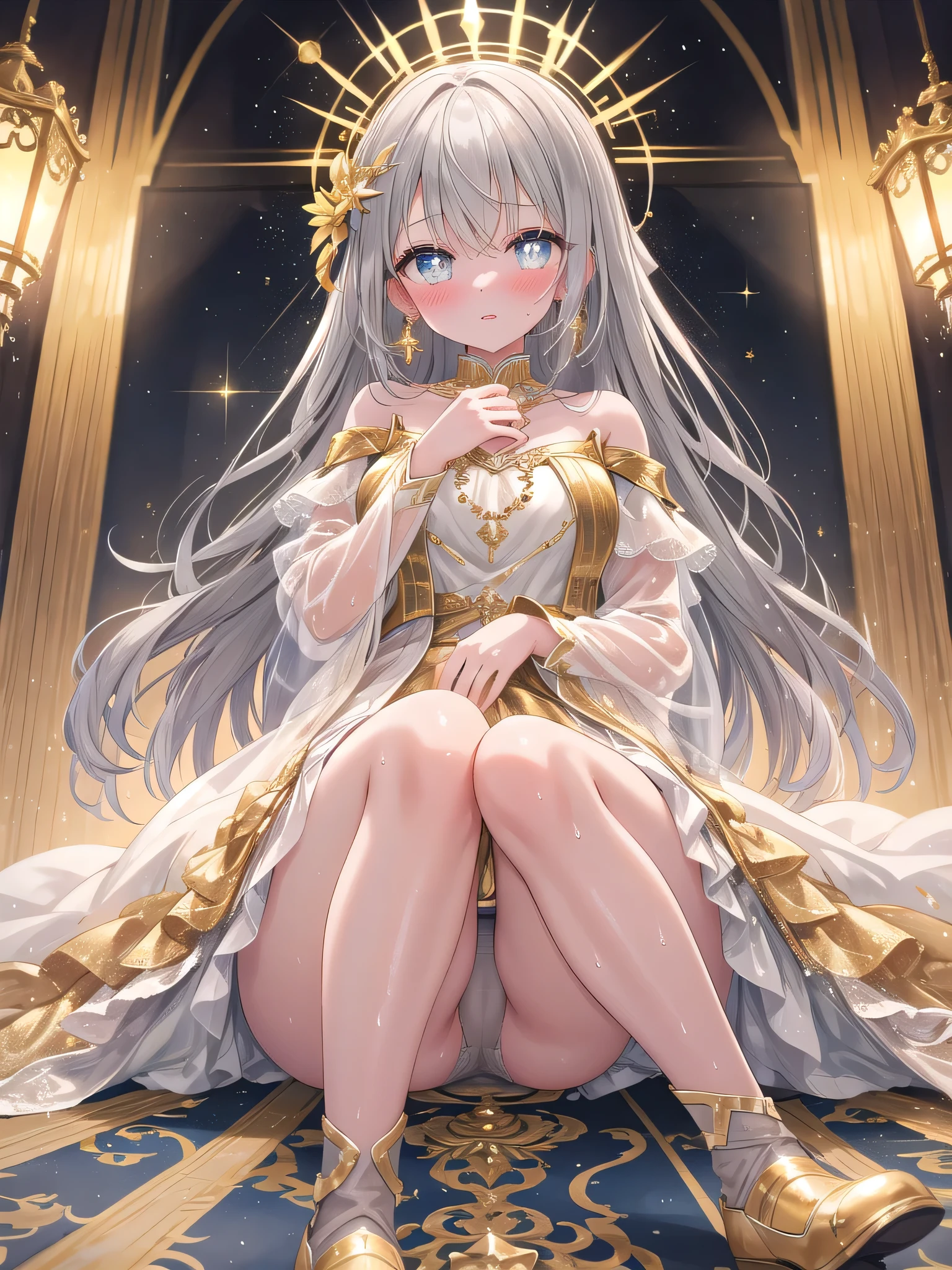 (8K, Highest Quality, Best:1.3)), Ultra HD, (1 girl, Solo), (Color changing eyes, Super detailed, Expressive glow, Sparkling eyes), Very detailed eyes, Very detailed face, Random hair, (Silver grey color), Golden god, (Lots of gold jewels shining) all over, (7 colors of light), (Blush:1.3), Breathing, White skin, Seductive, Hair clip, Sitting with legs spread, Angle from below, (Wet panties) , Full body covered with golden ornaments with fine details, Wet silk panties visible,A gorgeous off-the-shoulder dress decorated with lots of gold that shines with the finest brilliance.
