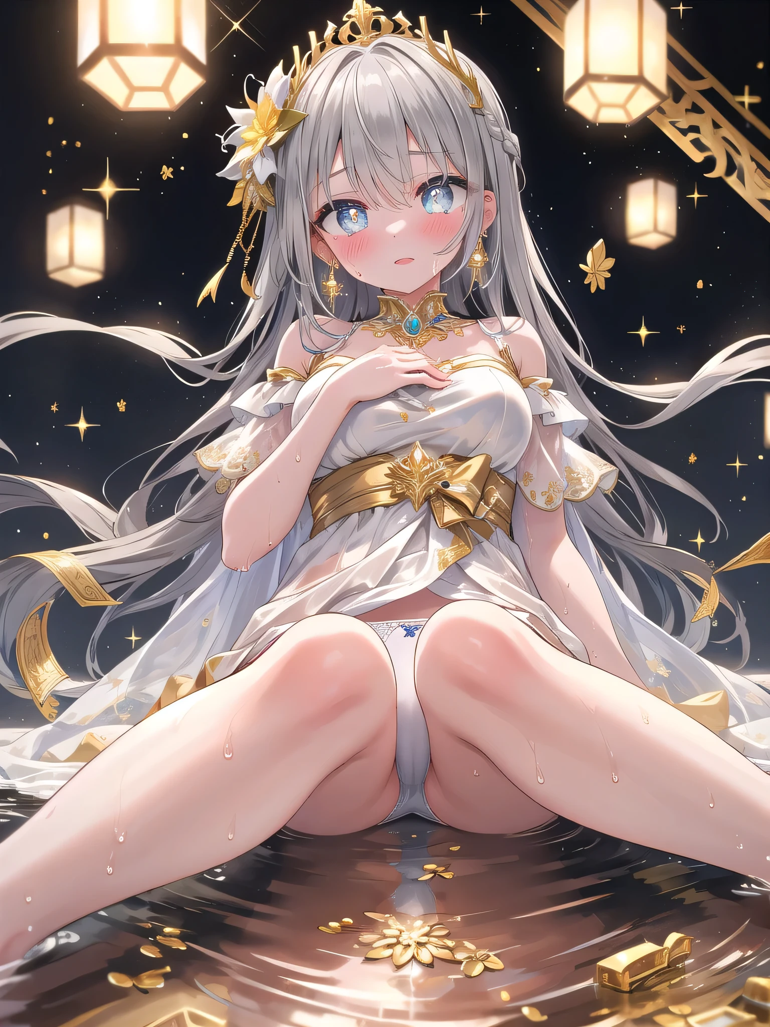 (8K, Highest Quality, Best:1.3)), Ultra HD, (1 girl, Solo), (Color changing eyes, Super detailed, Expressive glow, Sparkling eyes), Very detailed eyes, Very detailed face, Random hair, (Silver grey color), Golden god, (Lots of gold jewels shining) all over, (7 colors of light), (Blush:1.3), Breathing, White skin, Seductive, Hair clip, Sitting with legs spread, Angle from below, (Wet panties) , Full body covered with golden ornaments with fine details, Wet silk panties visible,A gorgeous off-the-shoulder dress decorated with lots of gold that shines with the finest brilliance.