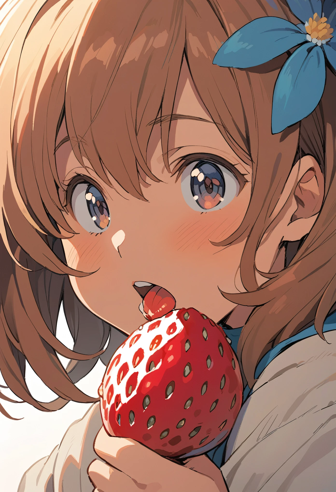 Ghibli, Nausicaa, A girl eating a large strawberry with her mouth wide open and relished it, Face close-up