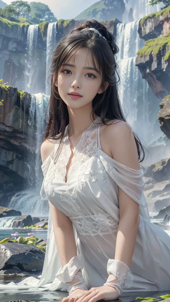 (Ultra-realistic), (figure), (Increased resolution), (8k), (Very detailed), (Best figure), (Beautiful and detailed), (Highest quality), (Super detailed), (masterpiece ), ( wallpaper), (Detailed face), alone, 1 girl, View your viewers, The finer details, In the Dark, Deep Shadow, Modest, Pure Erotic Face Ace_v1, smile, Black straight hair, White shawl, 46 point diagonal bangs,Lots of colorful flowers on the background,Elegant pose, Getting wet under a waterfall, The waterfall fell on her