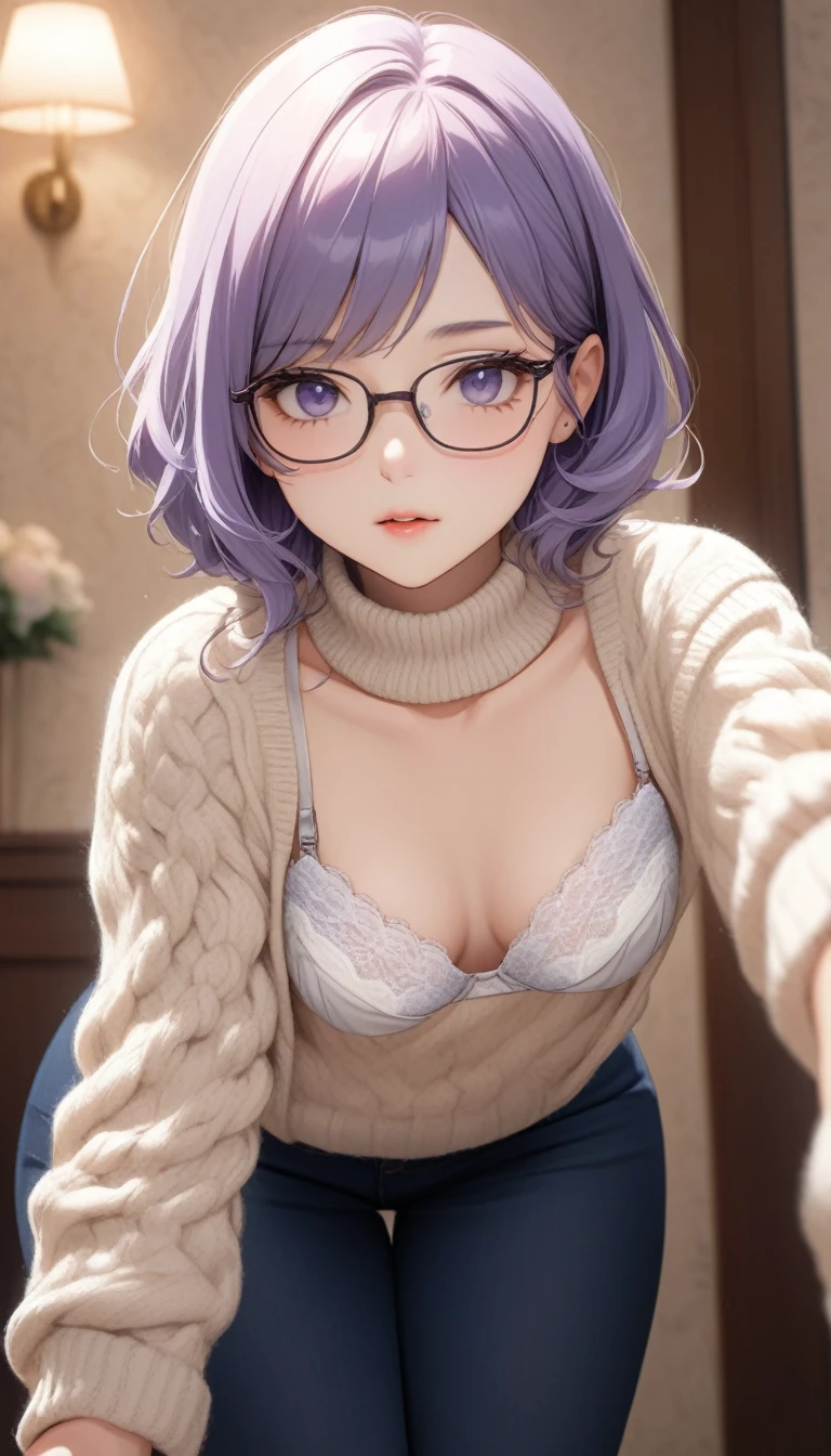 (Masterpiece), (8K size wallpaper), (best picture quality), Caustics,Small breasts、 Detiled, American Adulterous Wife Gravure Specialized Top Model Private, knit clothing, loose knit sweater, bewitching, gravure pose, glasses, 20s virgin face, bra flashing, bra slightly visible from sweater collar, bending forward, fully clothed