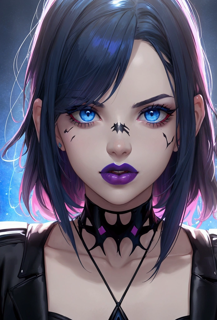 (Canon 50),(Rendered by octane),8k, seducer, symmetrical face, Dramatic cinematic lighting, (very strong blue lighting from behind), (light orange glow on the left side, Dramatic +2, hyper realist, spirited, very sexy pose. 1womanl, detail on the face, Focus on the face, straight short hair, bangss, hyperrealistic eyes, blue color background, highlight on lips that show fissures, lips with pink lipstick, half-open mouth showing part of the tooth. Black makeup on gated eyes. (distribution of monochromatic colors mathematically harmonized to the sound of Beethoven&#39;s ninth symphony