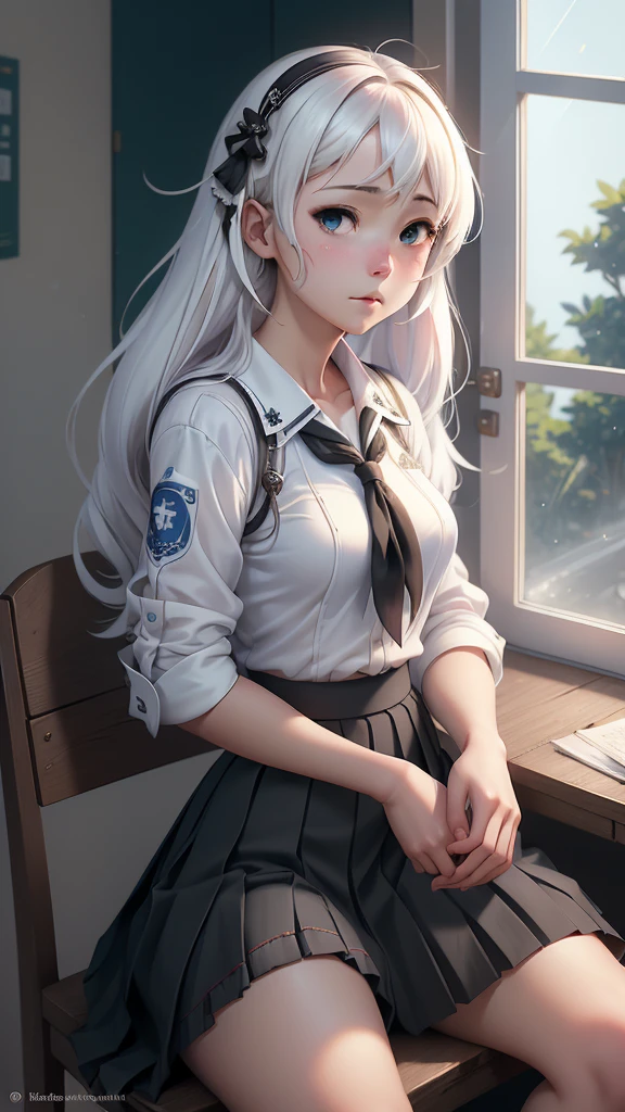 anime girl sitting in chair with cigarette in mouth and looking out window, (beautiful anime high school girl:1.4) , (cabello white +violent :1.4),(Black pleated skirt:1.4), (seductive anime girl) , a hyperrealistic schoolgirl, anime visual of a cute girl, the anime girl is crouching, (azur lane style:1.4) , still from tv anime, from the azur lane videogame, anime opening, anime best girl, (hyperrealistic schoolgirl:1.4) , high quality, (RAW photo, best quality), (realistic, photorealistic: 1.4), (extremely delicate and beautiful: 1.4), amazing, fine details, masterpiece, ultra detailed, high resolution, best illustration, best shadow, intricate, ( extremely intricate: 1.2), (exquisitely detailed skin), cinematic light, perfect anatomy, (cool color: 1.4), sharp focus, 8k UHD, DSLR, (Fujifilm XT3),More detailed 8K.motor irreal:1.4,UHD,La mejor calidad:1.4, fotorrealista:1.4, textura de la piel:1.4, obra maestra:1.8,obra-prima, mejor calidad,objeto Objeto], (detailed face features:1.3),(Las proporciones correctas),(Ojos hermosos azules),  (pose vaquero), (mostrando panties white encaje :1.4), (modelo Rusia y japonesa belleza :1.4), (alya sometimes hides her feelings:1.4), (iluminación cinematográfica :1.4) 
