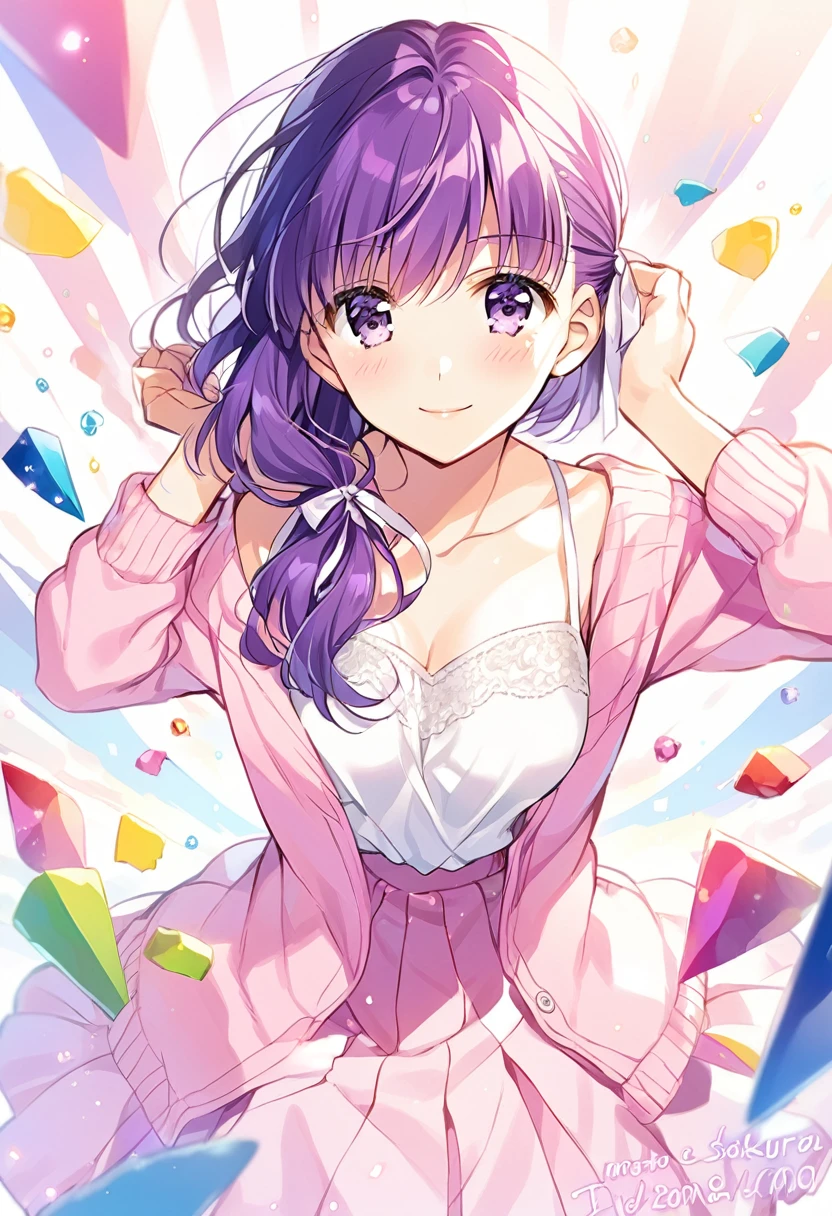 1girl(fate stay night, Matou Sakura, purple hair, side hair ribbon, white camisole, pink cardigan, light pink skirt, light smile), Don't expose your shoulders