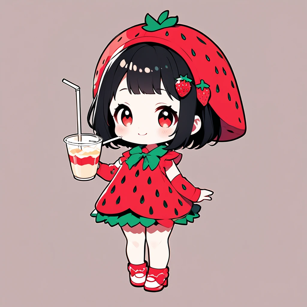 ultra-small deformation, Chibi Cute, 1girl, solo, full body, A Strawberry costume, strawberry headgear, drinking condensed milk with straw, smile, High contrast and vivid color, simple background