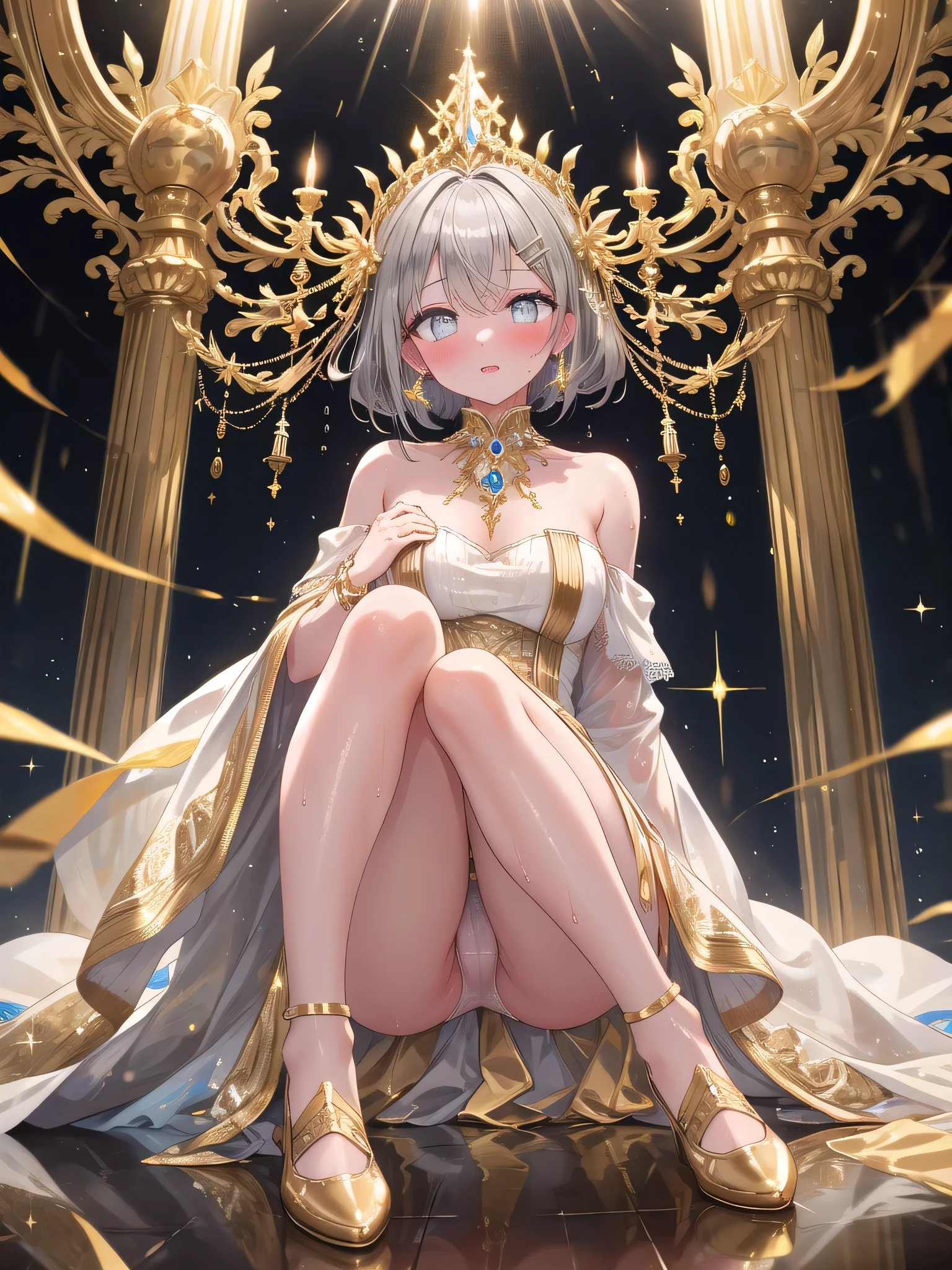 (8K, Highest Quality, Best:1.3)), Ultra HD, (1 girl, Solo), (Color changing eyes, Super detailed, Expressive glow, Sparkling eyes), Very detailed eyes, Very detailed face, Random hair, (Silver grey color), Golden god, (Lots of gold jewels shining) all over, (7 colors of light), (Blush:1.3), Breathing, White skin, Seductive, Hair clip, Sitting with legs spread, Angle from below, (Wet panties) , Full body covered with golden ornaments with fine details, Wet silk panties visible,A gorgeous off-the-shoulder dress decorated with lots of gold that shines with the finest brilliance.