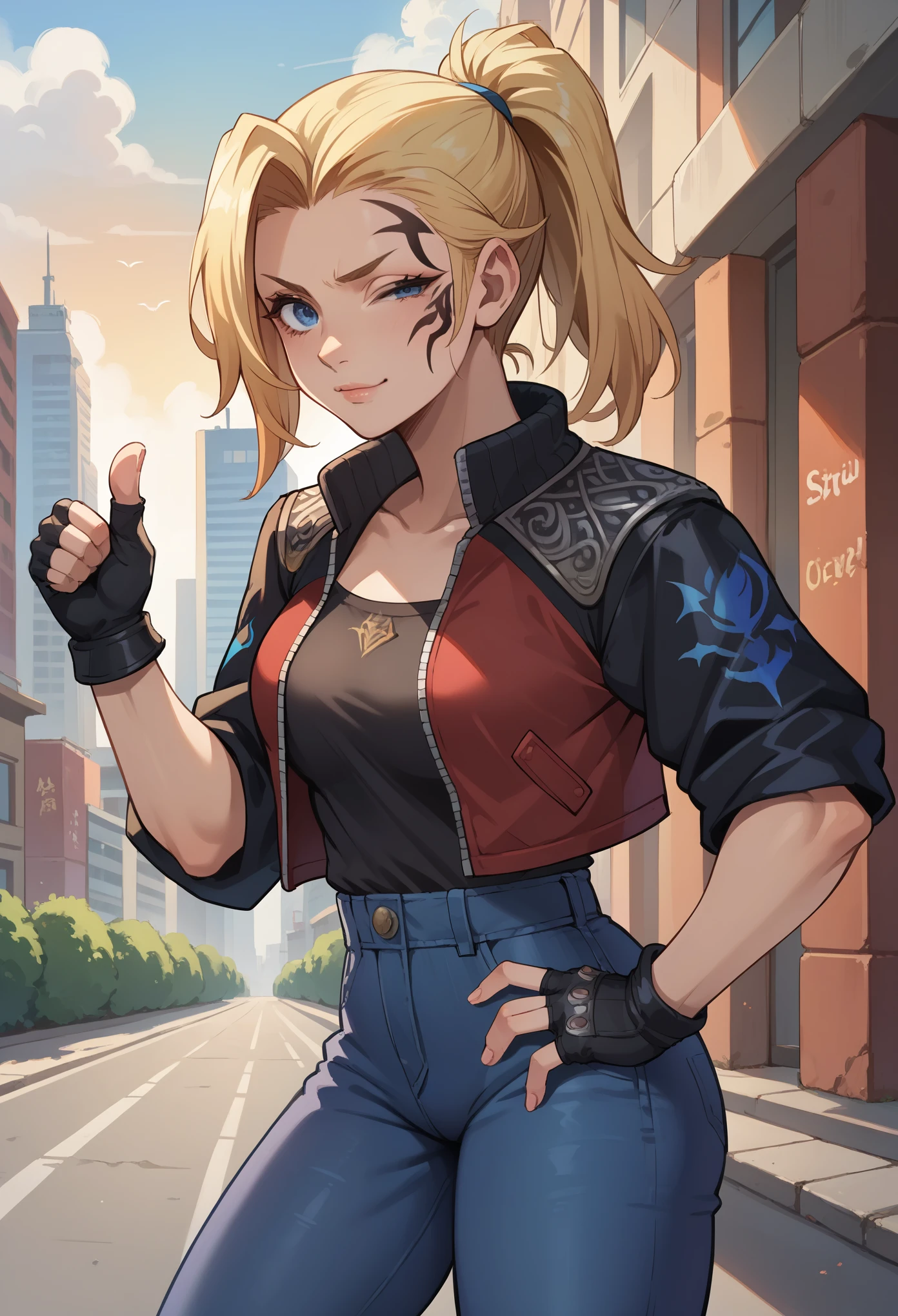 score_9, score_8_up, score_7_up, 1girl, solo, (female:1.5), female focus, female body, solo, zell, solo, blue eyes, gloves, jacket, blonde hair, long hair, medium ponytail, tattoo, gloves, facial tattoo, red jacket, black jacket, two-colours jacket, black shirt, fingerless gloves, denim, standing, winking, single thumbs up, looking at you, city,
