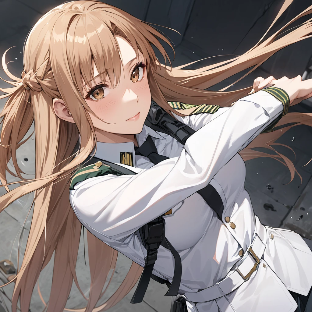 ((Highest quality)), ((masterpiece)), (detailed), (Perfect Face)、The woman is a Ground Self-Defense Force officer, Yuuki Asuna, with light brown, semi-long hair, and is a female member of the Japanese Ground Self-Defense Force.