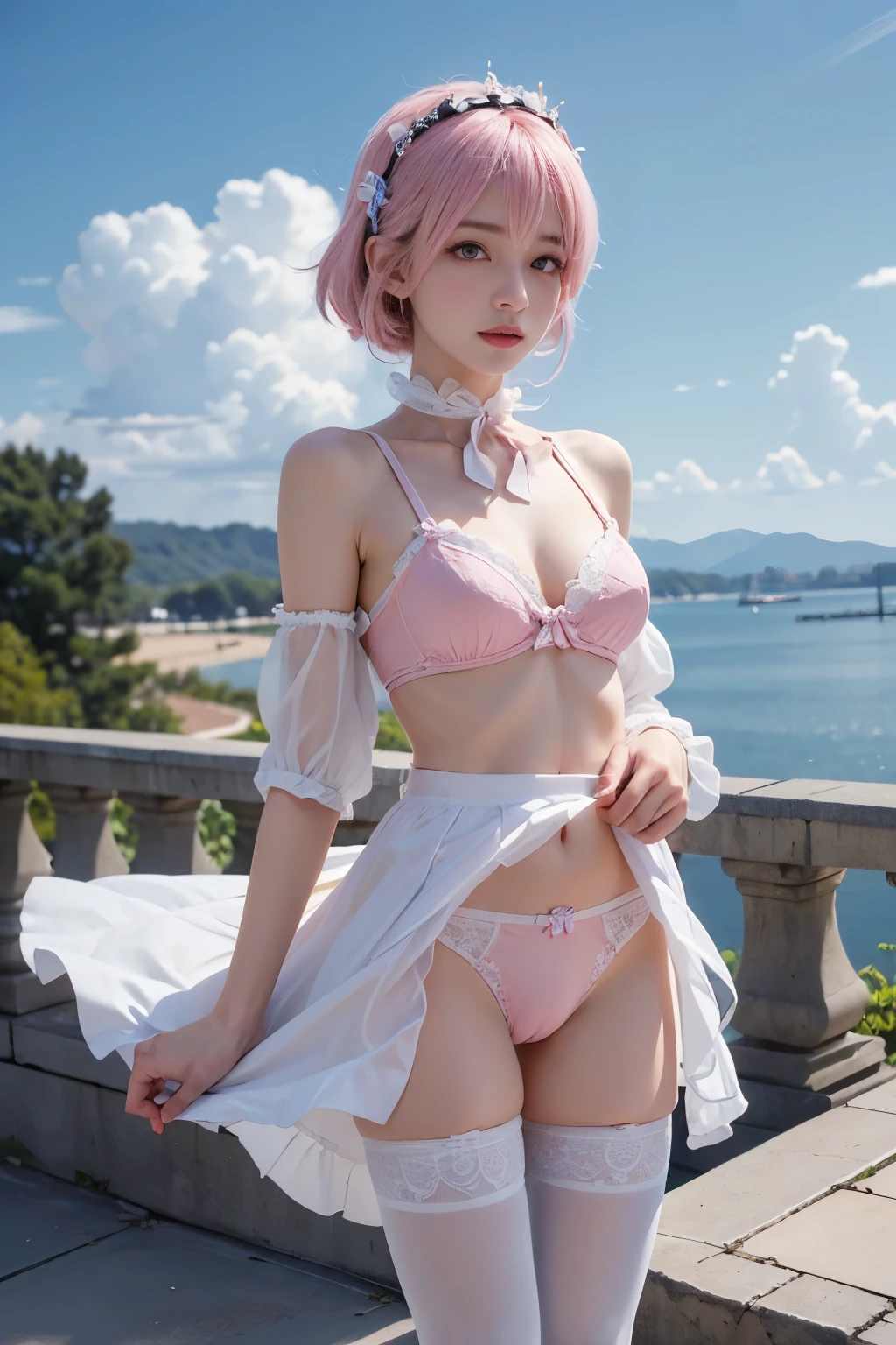 ((masterpiece, 32K,8k,wallpaper, high resolution, Ridiculous resources,RAW photos,)), ((Bare shoulders)), ((The skirt is short)), (realistically:1.5),(Light),(High Detail Skin),smallest tiny Breast Girl,Solitary, Winters,Lace pantyhose,twiLight,Colorful Clouds,wind,Flying hair,Are thin,slender body shape,Make sure your eyes are focused properly.,A beautiful gaze,Thin string-shaped underwear,Thin cotton underwear,Pale pink underwear,Costumes are casual wear,