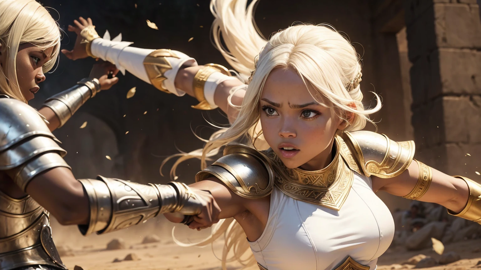 White a blond girl in white armor, an african woman win fight . with a sword, female warriors fighting,