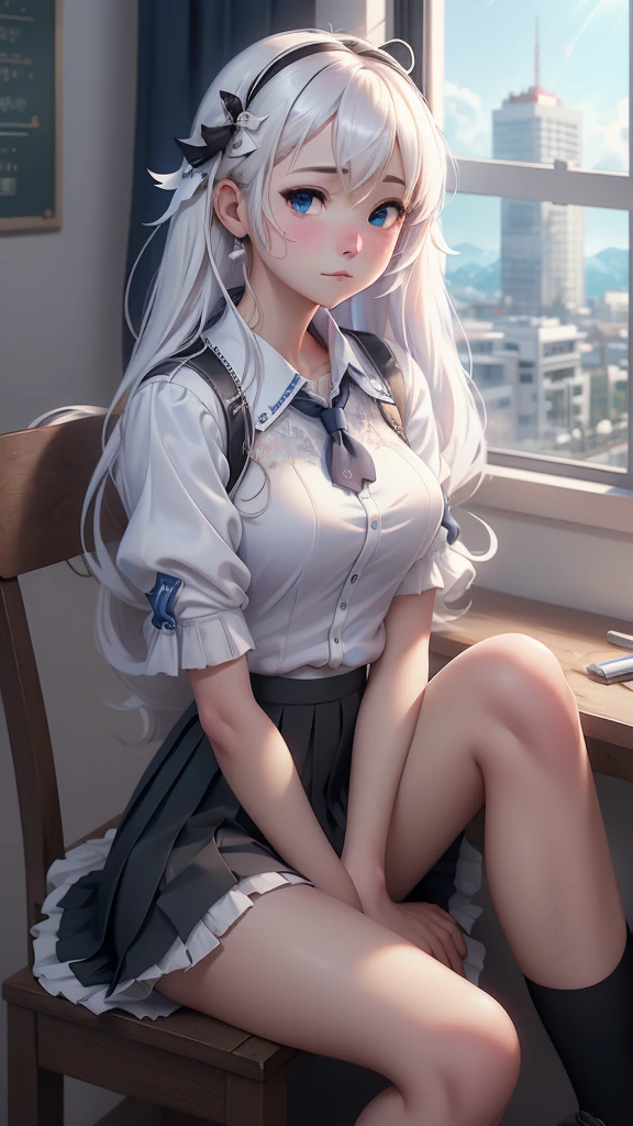 anime girl sitting in chair with cigarette in mouth and looking out window, (beautiful anime high school girl:1.4) , (cabello white +violent :1.4),(cabello violet V2.1), (Black pleated skirt:1.4), (seductive anime girl) , a hyperrealistic schoolgirl, anime visual of a cute girl, the anime girl is crouching, (azur lane style:1.4) , still from tv anime, from the azur lane videogame, anime opening, anime best girl, (hyperrealistic schoolgirl:1.4) , high quality, (RAW photo, best quality), (realistic, photorealistic: 1.4), (extremely delicate and beautiful: 1.4), amazing, fine details, masterpiece, ultra detailed, high resolution, best illustration, best shadow, intricate, ( extremely intricate: 1.2), (exquisitely detailed skin), cinematic light, perfect anatomy, (cool color: 1.4), sharp focus, 8k UHD, DSLR, (Fujifilm XT3),More detailed 8K.motor irreal:1.4,UHD,La mejor calidad:1.4, fotorrealista:1.4, textura de la piel:1.4, obra maestra:1.8,obra-prima, mejor calidad,objeto Objeto], (detailed face features:1.3),(Las proporciones correctas),(Ojos hermosos azules),  (pose vaquero), (mostrando panties white encaje :1.4), (modelo Rusia y japonesa belleza :1.4), (alya sometimes hides her feelings:1.4), (iluminación cinematográfica :1.4) 