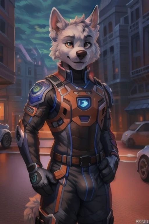 detailed fluffy fur texture, impasto impressionism, (by foxovh, ross tran, michael garmash, pino daeni, iskra), detailed eyes, highly detailed pupils, solo, furry, anthro, rocky-pp, domestic dog, male, blue eyes, white fur, white body, fur body, fully clothed, detailed fluffy fur texture, curvy, wide hips, inner fluff ears, from front, standing, Black ExoSuits, Outside background, night, 1boy, smile, Huge bulge, His 50ft tall, His Gigantic size, 