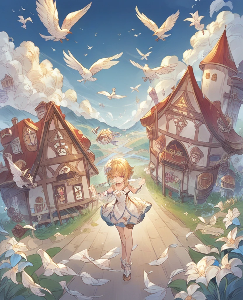 Lumine from genshin impact, blonde hair, short hair cut, a white flower on top right side head, white dress,Lumine floating in the sky above fantasy town,A group of white birds flying in the sky, clear sky, high angle photography 