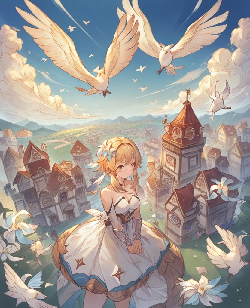 Lumine from genshin impact, blonde hair, short hair cut, a white flower on top right side head, white dress,Lumine floating in the sky above fantasy town,A group of white birds flying in the sky, clear sky, high angle photography 