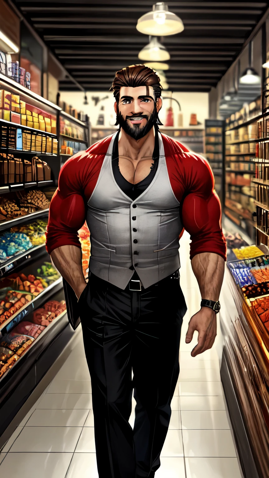 The boy stepping into a warm, inviting shop, met by a smiling, elderly shopkeeper with a big black and white beard, French Crop hairstyle, brown eyes, and a bodybuilder physique. Animated realistic style with vibrant colors and detailed features.