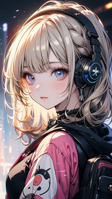 (masterpiece:1.4)、(Highest quality:1.4)、Anime girl with headphones and backpack looking at cell phone, Anime Style 4k, (Very delicate and beautiful face), (Beautiful eyes in every detail), デジタルAnime Art, Nightcore, Digital anime illustration, Anime Art, Super Detail, cyber punk,