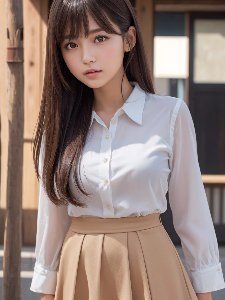 Product quality, 1 girl, Cowboy Shot, Front view, Young and pretty girl in Japan, Daytime, High School Uniform, Wearing a mini skirt, Super cute face, Glossy Lips, Double eyelids on both eyes, (Natural Makeup), shiny smooth light brown hair with long hair,, Asymmetrical bangs, Center image, 8k resolution, Attention to detail, Detailed hairstyle, Detailed face, Cinema Lighting, Octane Rendering, Ultra-realistic, Perfect limbs, Perfect Anatomy, 