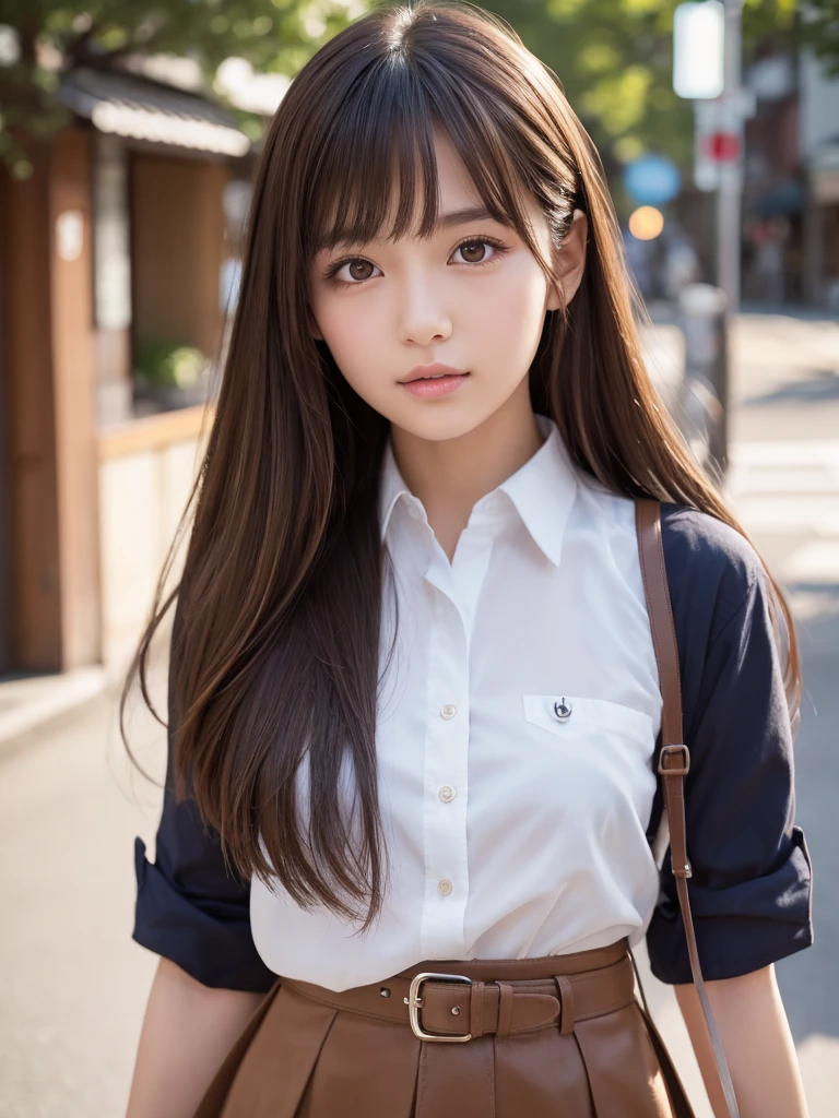 Product quality, 1 girl, Cowboy Shot, Front view, Young and pretty girl in Japan, Daytime, High School Uniform, Wearing a mini skirt, Super cute face, Glossy Lips, Double eyelids on both eyes, (Natural Makeup), shiny smooth light brown hair with long hair,, Asymmetrical bangs, Center image, 8k resolution, Attention to detail, Detailed hairstyle, Detailed face, Cinema Lighting, Octane Rendering, Ultra-realistic, Perfect limbs, Perfect Anatomy,