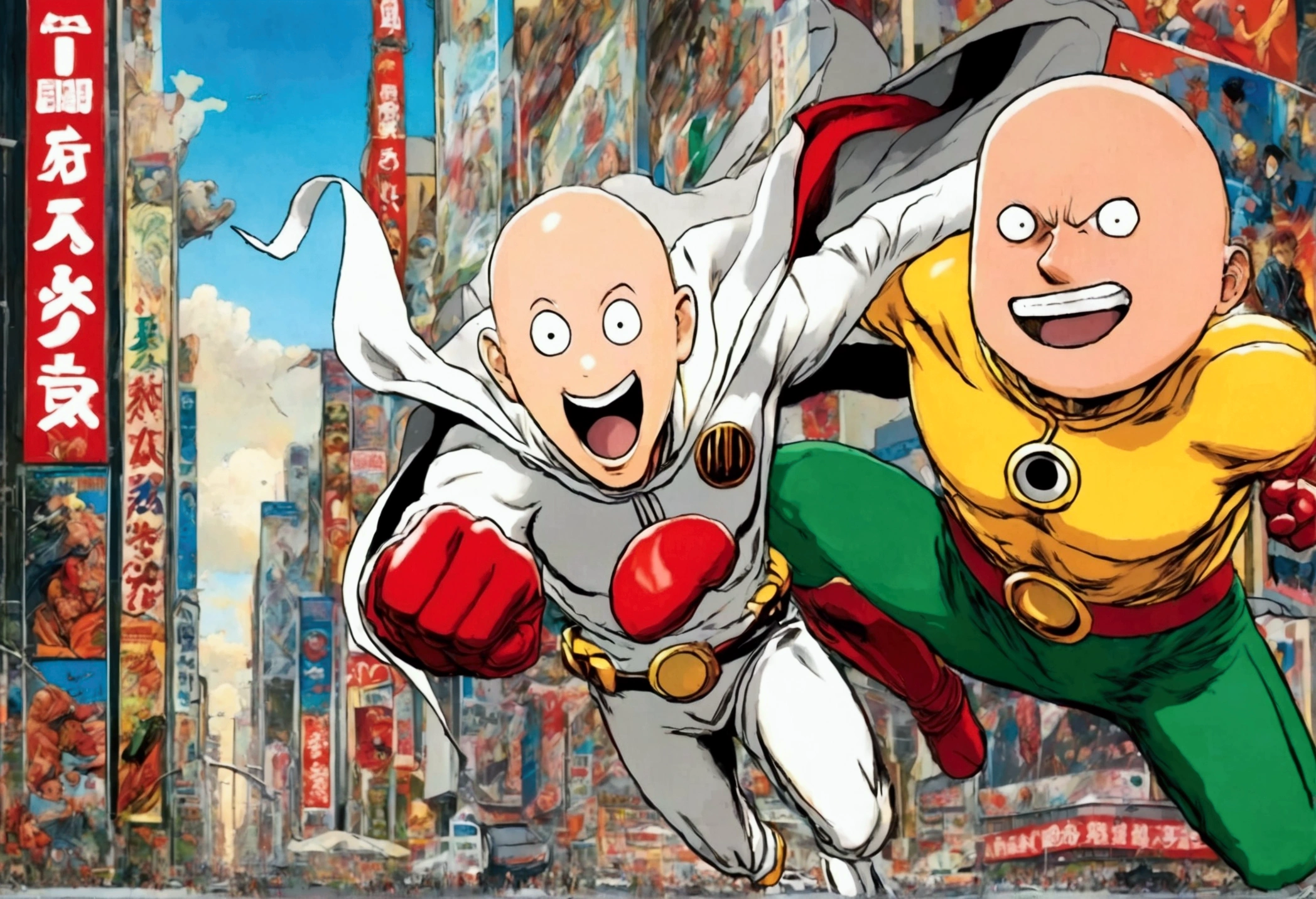 (Mad Magazine cover) Alfred E Newman as One Punch man Saitama in a heroic pose with classic Newman smile, Tatsumaki (extremely sexualized, big butt, big boobs, classic dress) very mad jumping up and down yelling at Saitama, bloody remains of a beast all over the crowd and downtown Tokyo