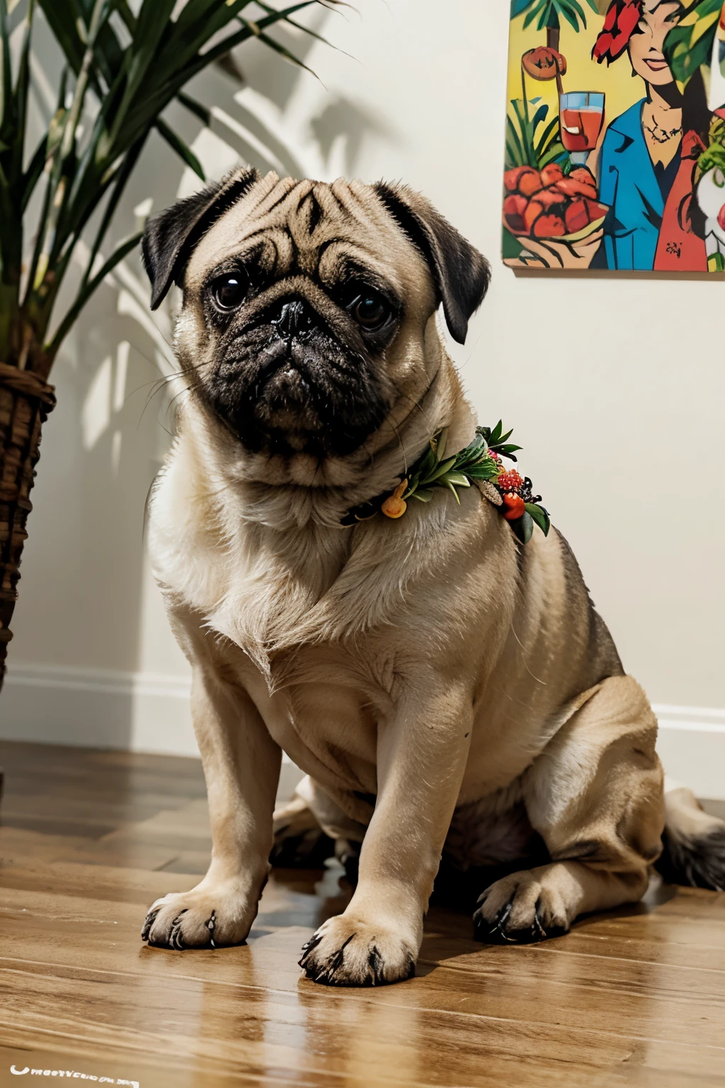 Pug, comic, Hawaiian, fruits