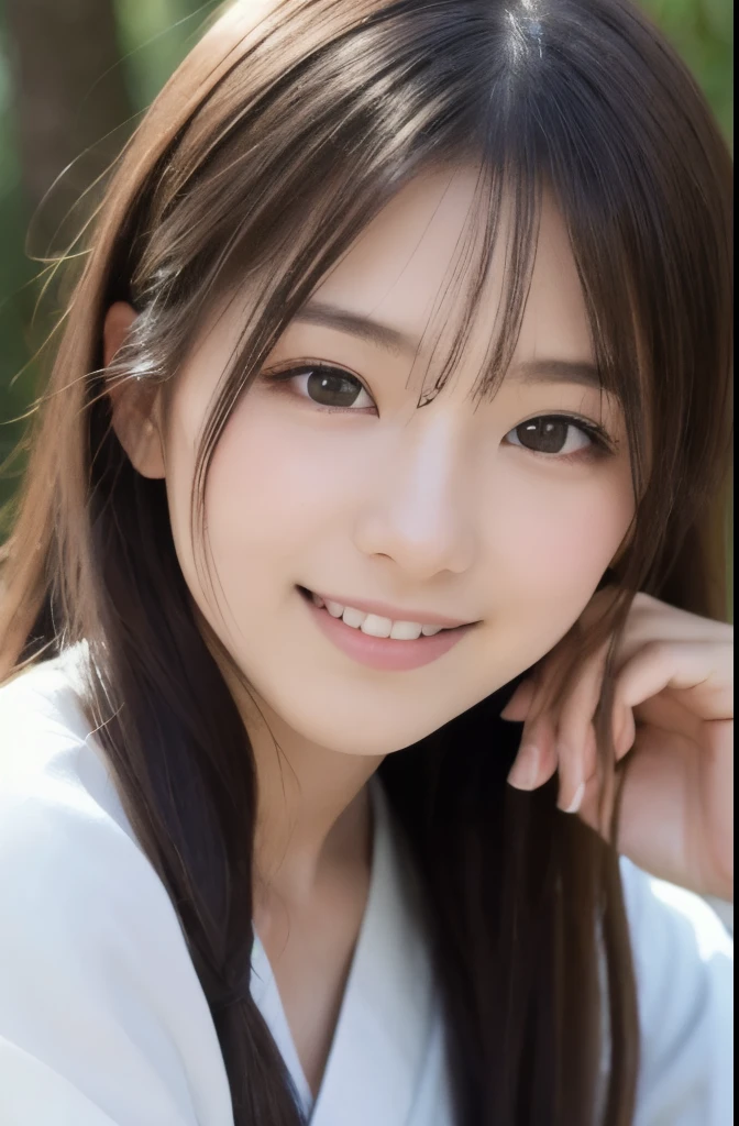 best quality, face focus, soft light, ultra high res, (photorealistic:1.4), RAW photo,(Shinozaki Ai), white skin, kawaii,
1 Japanese girl, solo, cute, (smile), (pupil, lights in the eyes), detailed beautiful face, Medium-sized breasts,(high resolution detail of human skin texture),(long hair),(portrait), upper body, white traditional kimono, in the forest,