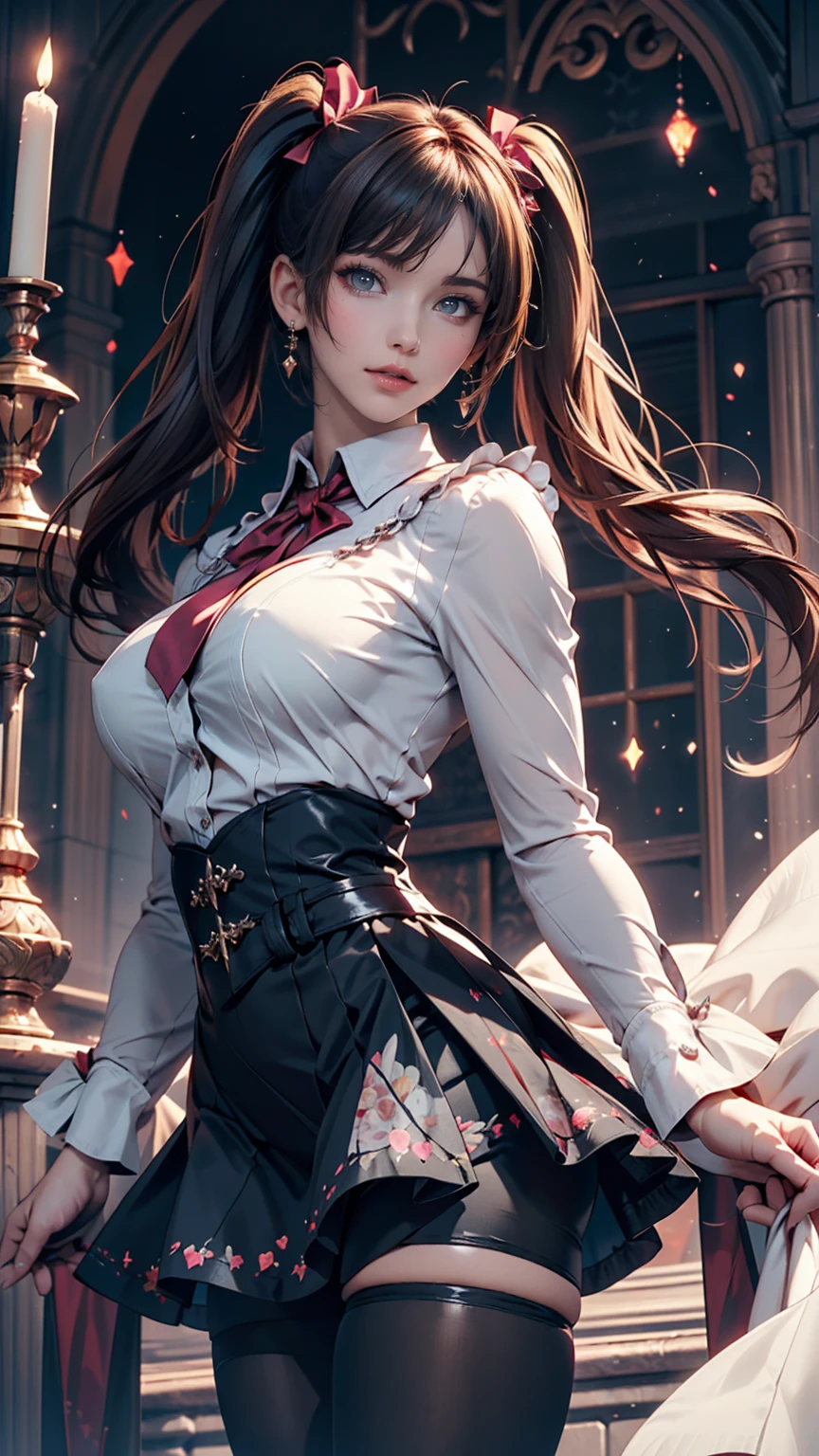 (Highest quality), Dark fantasy, Big sword, Magical girl, Frilled dress、Micro mini flare skirt(I can see your pants)、Gothic, Twin tails, Realistic, Super detailed, High resolution, anime,