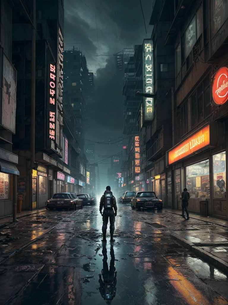 Create a highly detailed and realistic image of a cyberpunk-inspired environment where an astronaut stands at the edge of a worn platform, gazing at a sprawling, futuristic street in an older, gritty neighborhood. The scene is set in a dimly lit urban space, with weathered buildings that have a retro-futuristic design—modern yet not overly advanced, reflecting a sense of history. Cables dangle haphazardly from the walls, and puddles of rainwater collect on the uneven pavement, creating a reflective sheen. The ground is littered with debris, giving a sense of neglect and realism. Shops with flickering signs line the street, and a couple of dilapidated cars are parked nearby, hinting at a life once bustling. Neon lights glow softly, providing a moody atmosphere without overwhelming the scene. The perspective should be from a camera placed on the ground, focusing on the astronaut in the center, capturing the scene as if taken at ground level, enhancing the sense of depth and realism. The environment feels alive and vibrant, blending the charm of the past with the innovation of the future.