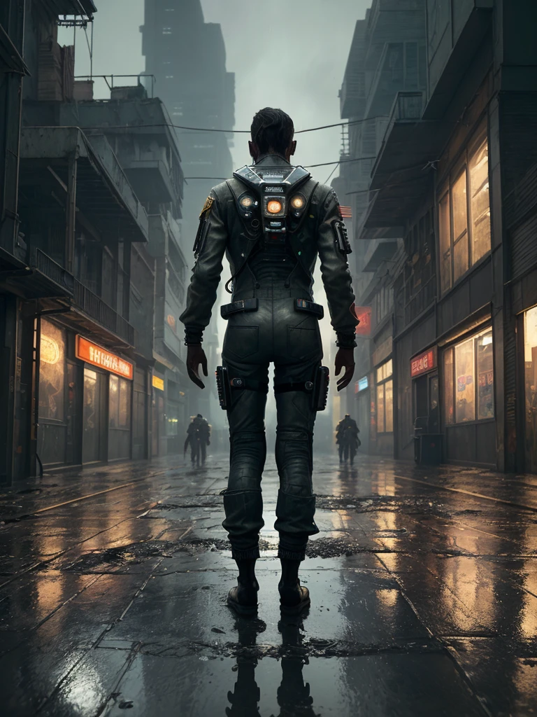 Create a highly detailed and realistic image of a cyberpunk-inspired environment where an astronaut stands at the edge of a worn platform, gazing at a sprawling, futuristic street in an older, gritty neighborhood. The scene is set in a dimly lit urban space, with weathered buildings that have a retro-futuristic design—modern yet not overly advanced, reflecting a sense of history. Cables dangle haphazardly from the walls, and puddles of rainwater collect on the uneven pavement, creating a reflective sheen. The ground is littered with debris, giving a sense of neglect and realism. Shops with flickering signs line the street, and a couple of dilapidated cars are parked nearby, hinting at a life once bustling. Neon lights glow softly, providing a moody atmosphere without overwhelming the scene. The perspective should be from a camera placed on the ground, focusing on the astronaut in the center, capturing the scene as if taken at ground level, enhancing the sense of depth and realism. The environment feels alive and vibrant, blending the charm of the past with the innovation of the future.