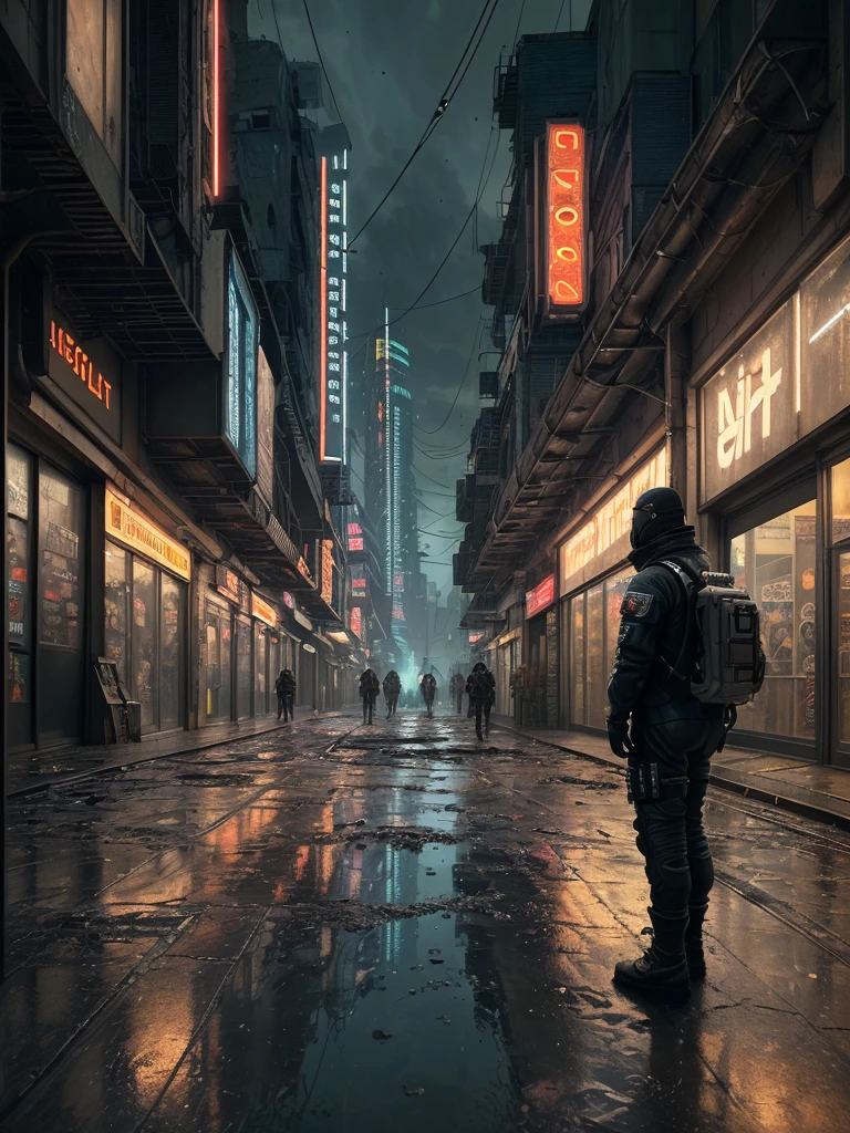 Create a highly detailed and realistic image of a cyberpunk-inspired environment where an astronaut stands at the edge of a worn platform, gazing at a sprawling, futuristic street in an older, gritty neighborhood. The scene is set in a dimly lit urban space, with weathered buildings that have a retro-futuristic design—modern yet not overly advanced, reflecting a sense of history. Cables dangle haphazardly from the walls, and puddles of rainwater collect on the uneven pavement, creating a reflective sheen. The ground is littered with debris, giving a sense of neglect and realism. Shops with flickering signs line the street, and a couple of dilapidated cars are parked nearby, hinting at a life once bustling. Neon lights glow softly, providing a moody atmosphere without overwhelming the scene. The perspective should be from a camera placed on the ground, focusing on the astronaut in the center, capturing the scene as if taken at ground level, enhancing the sense of depth and realism. The environment feels alive and vibrant, blending the charm of the past with the innovation of the future.